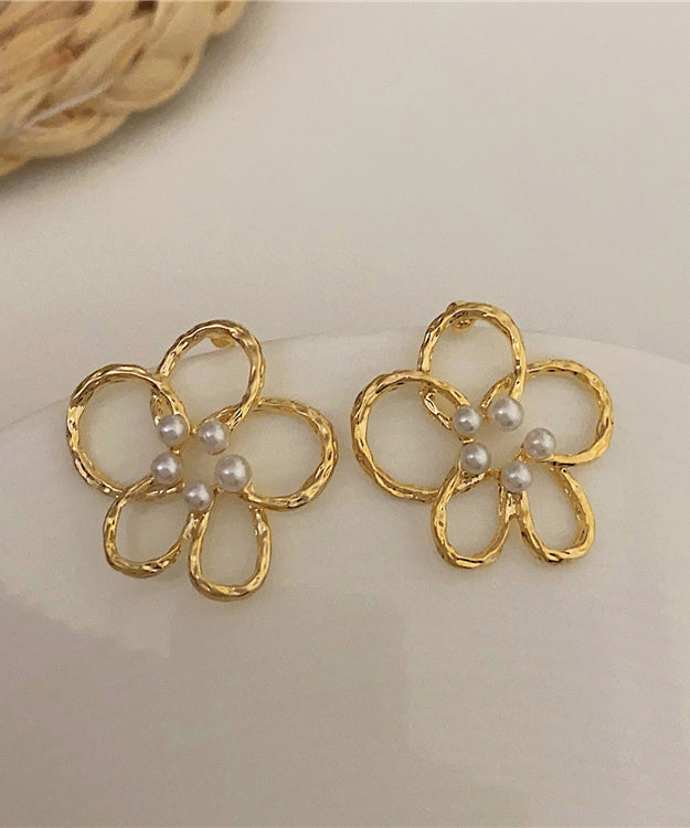 Gold Copper Overgild Pearl Hollow Out Stud Earrings