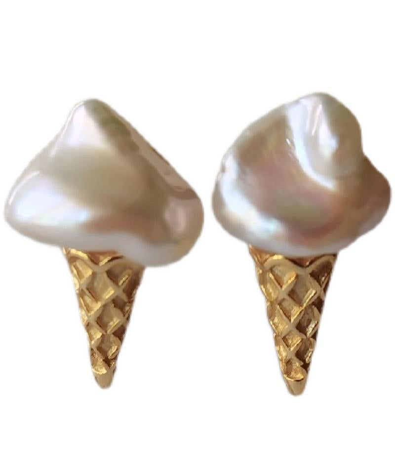 Gold Sterling Silver Pearl Ice Cream Stud Earrings