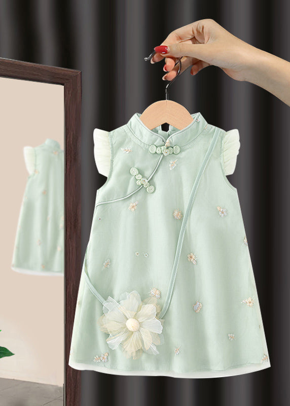 Green Embroideried Button Long Dresses Summer Mn017