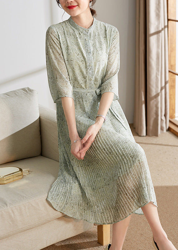 Light Green Print Button Tie Waist Chiffon Holiday Maxi Dress Summer Ly1743