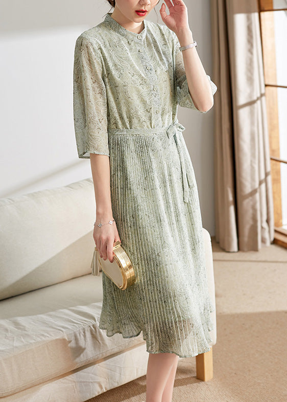 Light Green Print Button Tie Waist Chiffon Holiday Maxi Dress Summer Ly1743
