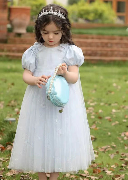 Lighy Blue O-neck Patchwork Wrinkled Tulle Kids Long Dress Summer Xz007