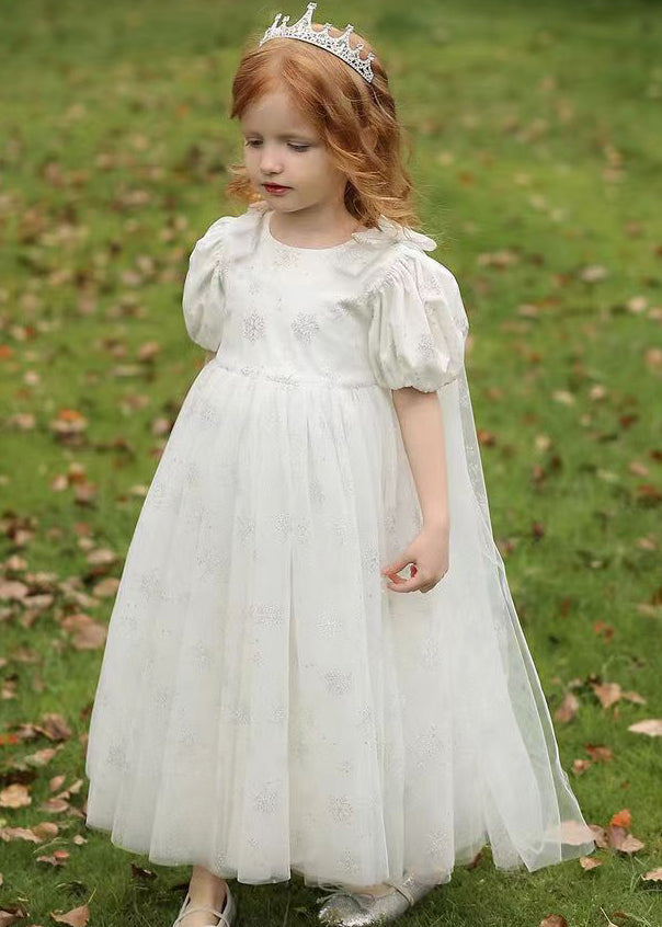 Lighy Blue O-neck Patchwork Wrinkled Tulle Kids Long Dress Summer Xz007