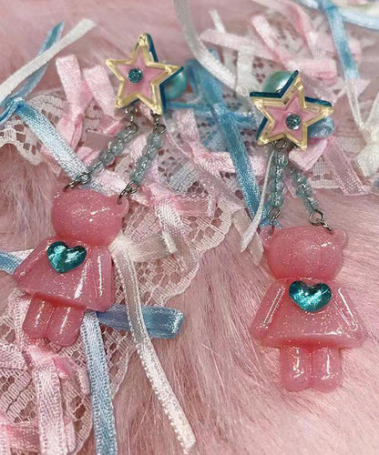 Pink Alloy Acrylic Star Little Bear Resin Love Zircon Drop Earrings