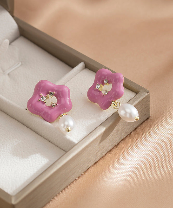 Pink Alloy Pearl Drip Glaze Drop Earrings