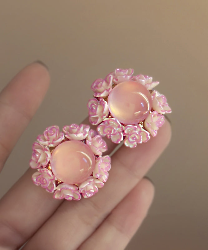 Pink Alloy Inlaid Cat Eye Stone Stud Earrings