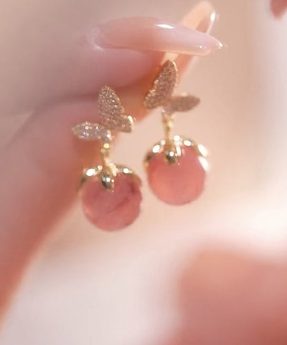Pink Alloy Zircon Butterfly Cat Eye Stone Stud Earrings