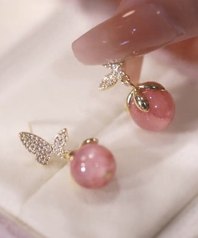 Pink Alloy Zircon Butterfly Cat Eye Stone Stud Earrings