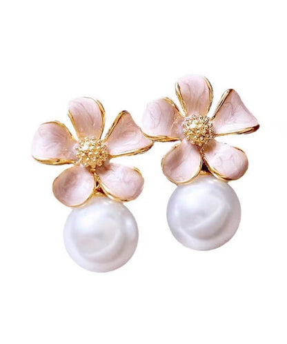 Pink Copper Alloy Pearl Stud Earrings