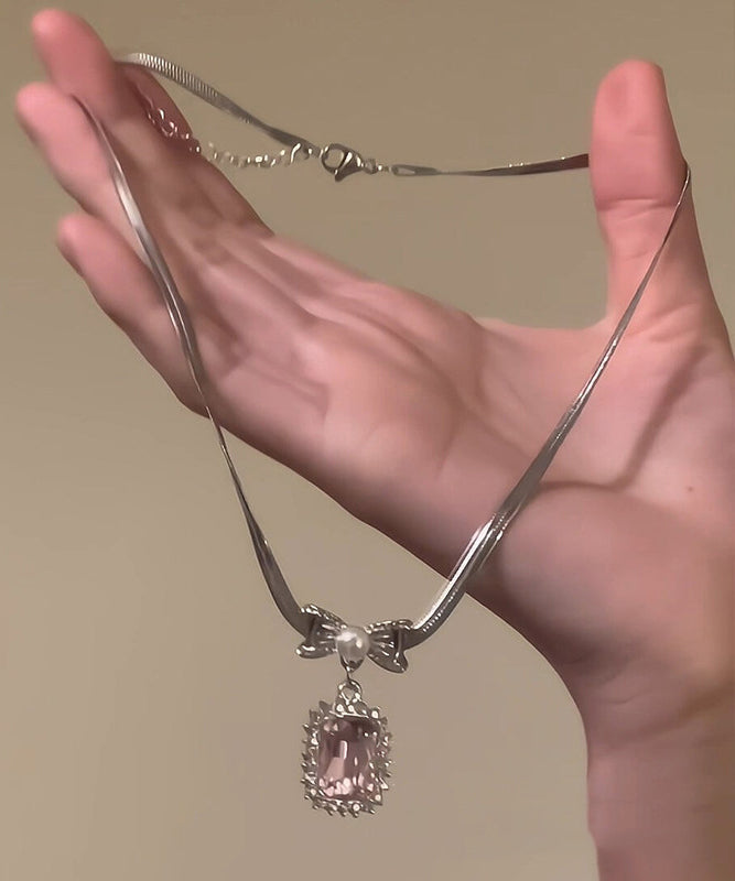 Pink Copper Overgild Zircon Bow Pendant Necklace