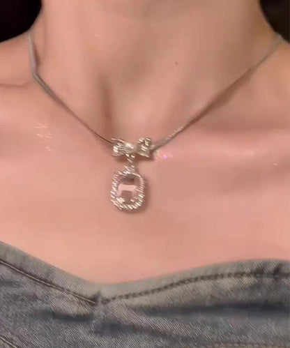Pink Copper Overgild Zircon Bow Pendant Necklace