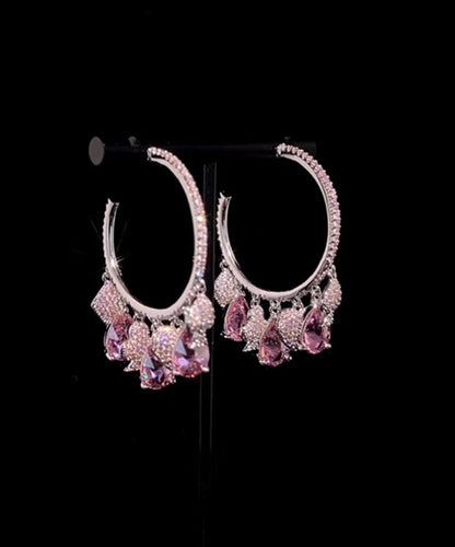 Pink Copper Overgild Zircon Tassel Hoop Earrings
