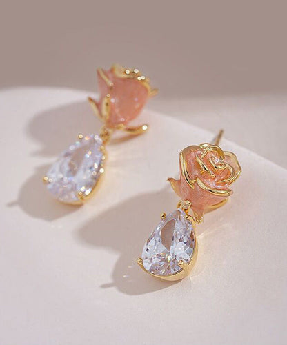 Pink Copper Zircon Gem Stone Rose Water Drop Drop Earrings