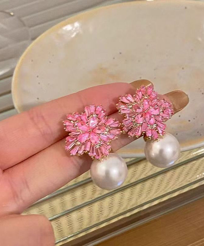 Pink Copper Zircon Pearl Drop Earrings