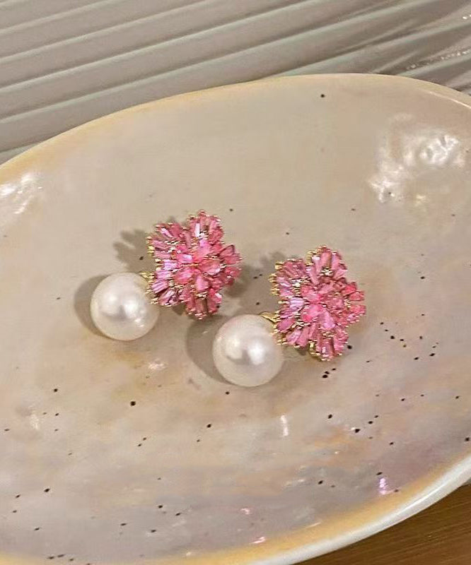 Pink Copper Zircon Pearl Drop Earrings
