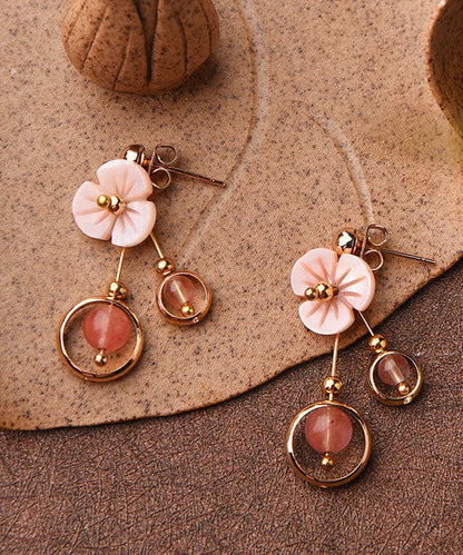 Pink Crystal Shellfish Flower 14k Gold Drop Earrings