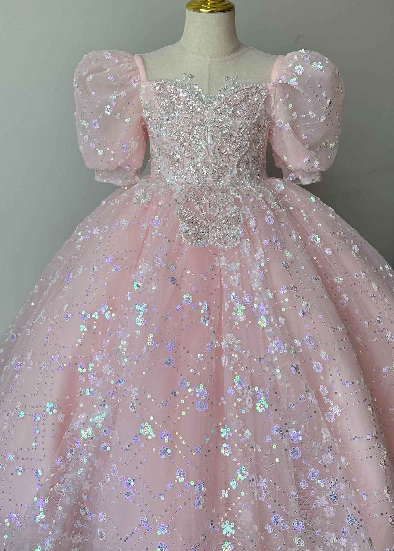 Pink Embroideried Patchwork Tulle Kids Long Dresses Summer Yg003