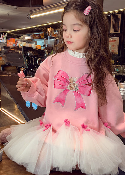 Pink O-neck Bow Tulle Patchwork Maxi Dresses Spring Tv030