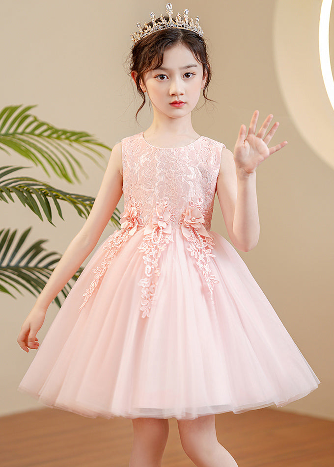 Pink O-neck Pearl Tulle Maxi Dress Sleeveless Xz049