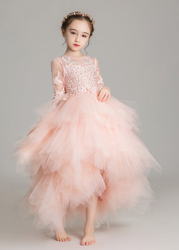 Pink O-neck Low High Design Tulle Maxi Dress Sleeveless Rp032