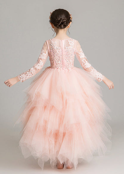 Pink O-neck Low High Design Tulle Maxi Dress Sleeveless Rp032