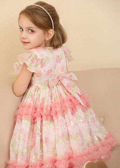 Pink Ruffled Print Patchwork Tulle Long Dress Short Sleeve Ew019