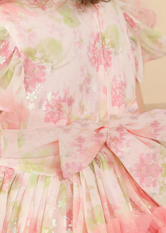 Pink Ruffled Print Patchwork Tulle Long Dress Short Sleeve Ew019
