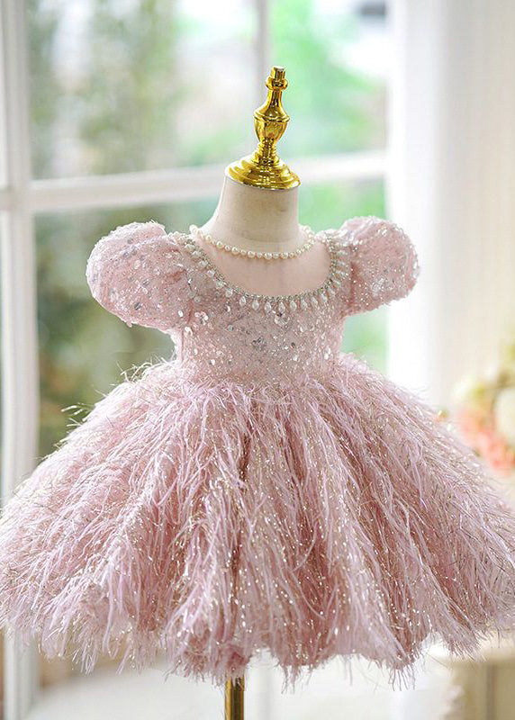 Pink Sequins Pearl Patchwork Tulle Kids Long Dress Short Sleeve Yg002