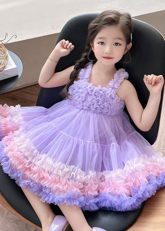 Pink Slash Neck Patchwork Tulle Kids Long Dress Summer Ew002