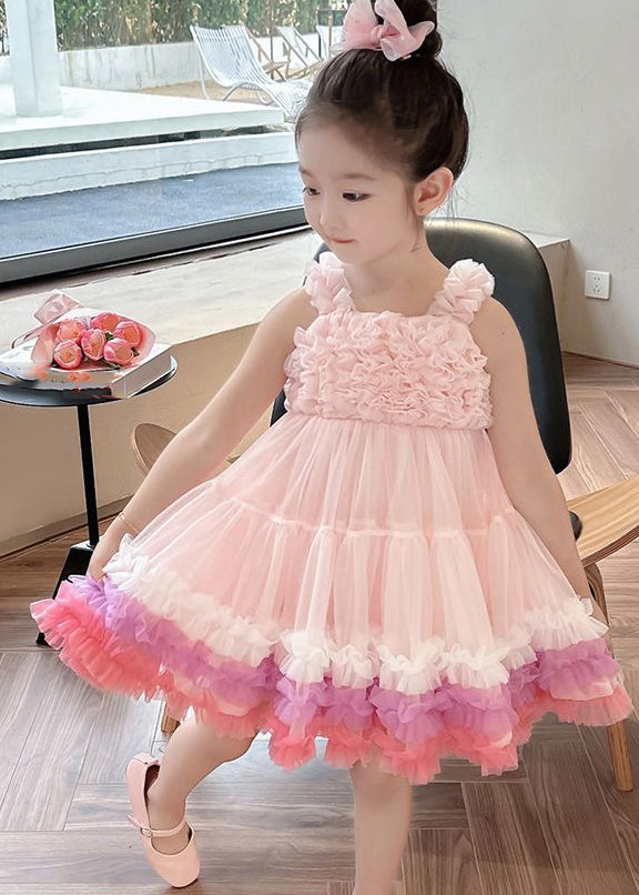 Pink Slash Neck Patchwork Tulle Kids Long Dress Summer Ew002