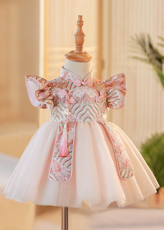 Pink Stand Collar Button Tulle Patchwork Kids Maxi Dresses Short Sleeve Yg012
