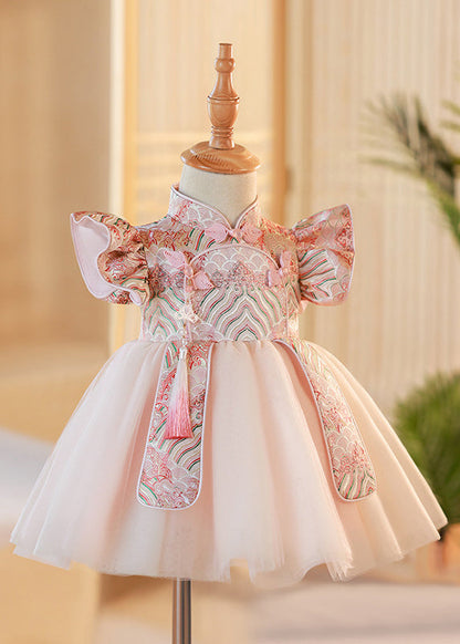 Pink Stand Collar Button Tulle Patchwork Kids Maxi Dresses Short Sleeve Yg012