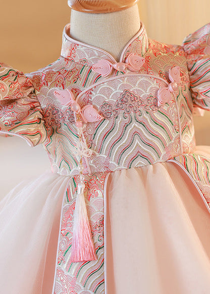 Pink Stand Collar Button Tulle Patchwork Kids Maxi Dresses Short Sleeve Yg012