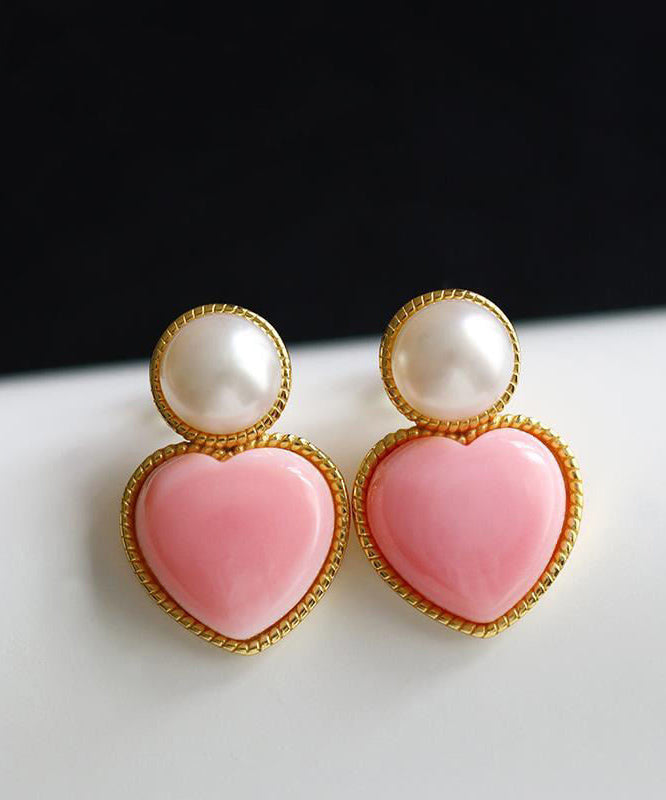 Pink Sterling Silver Overgild Love Pearl Stud Earrings