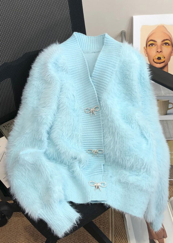 Pink V Neck Button Mink Hair Knitted Cardigan Winter Rp005