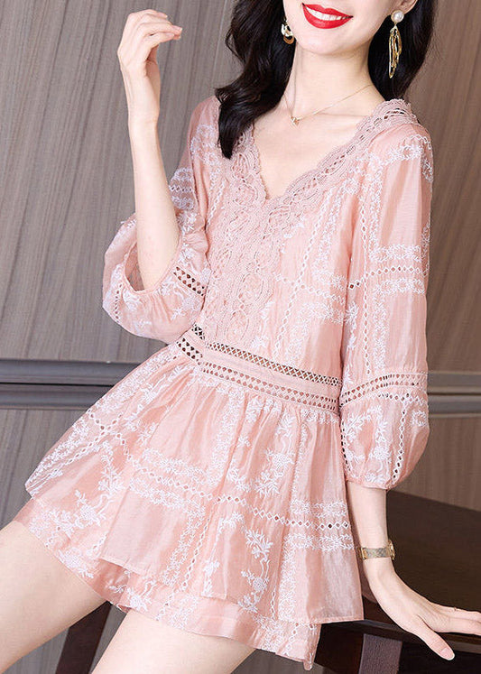 Pink V Neck Lace Patchwork Chiffon Shirts and Shorts Two Piece Set Summer Ti1061