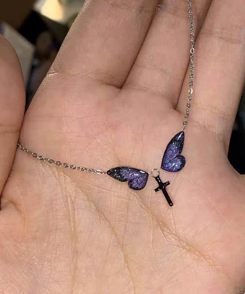 Purple Silver Alloy Zircon Butterfly Cross Pendant Necklace