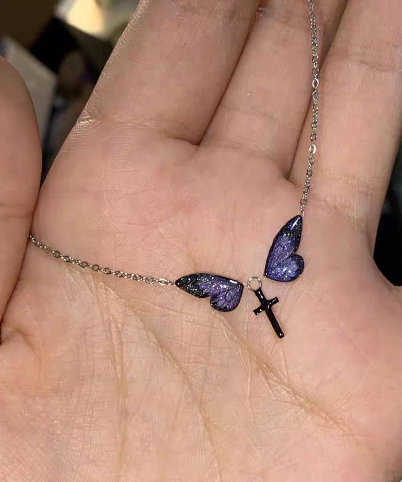 Purple Silver Alloy Zircon Butterfly Cross Pendant Necklace