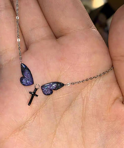 Purple Silver Alloy Zircon Butterfly Cross Pendant Necklace