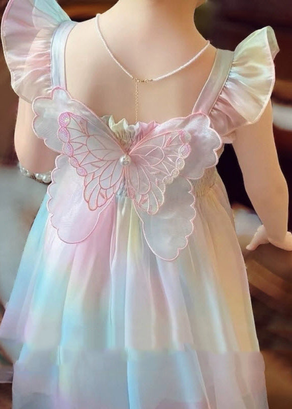 Rainbow Wrinkled Bow Pearl Tulle Maxi Dresses Sleeveless Xz034