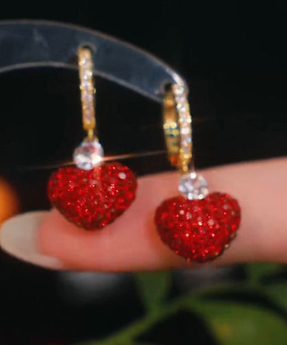 Red Alloy Inlaid Gem Stone Zircon Love Drop Earrings