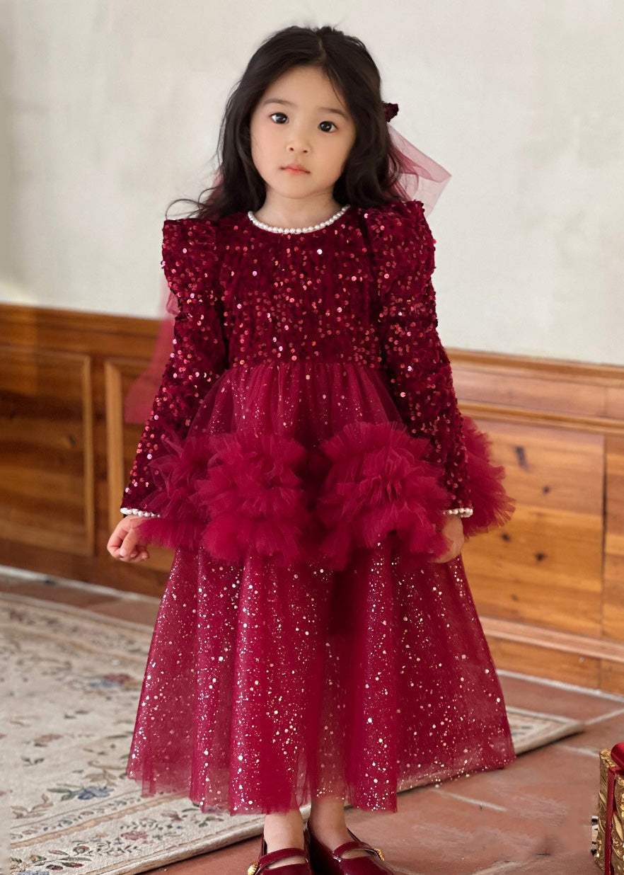 Red O-neck Sequins Patchwork Nail Bead Tulle Maxi Dresses Fall Rp028
