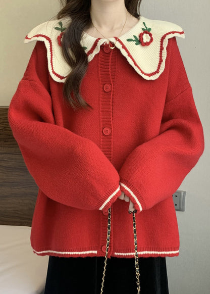 Red Peter Pan Collar Embroidered Knit Loose Cardigans Winter Rg024