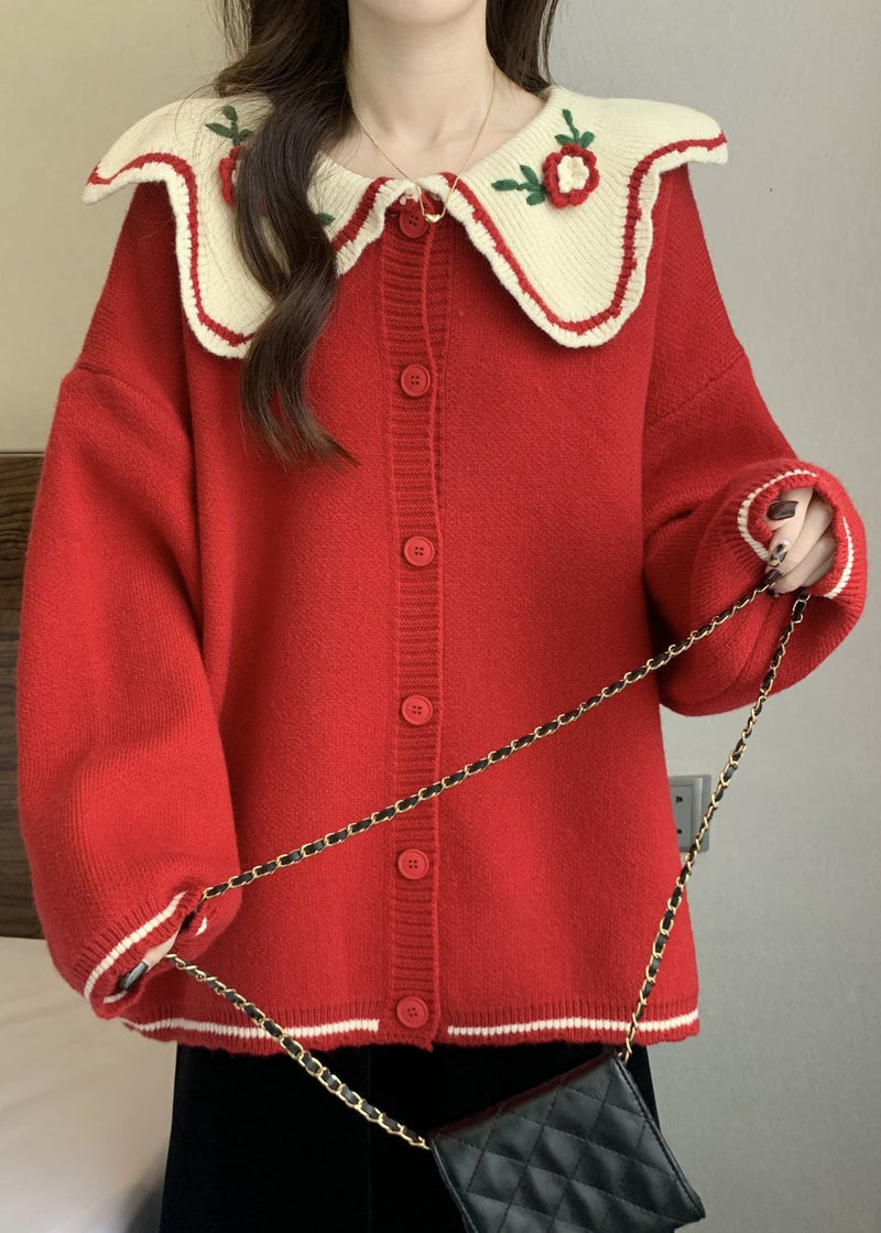 Red Peter Pan Collar Embroidered Knit Loose Cardigans Winter Rg024