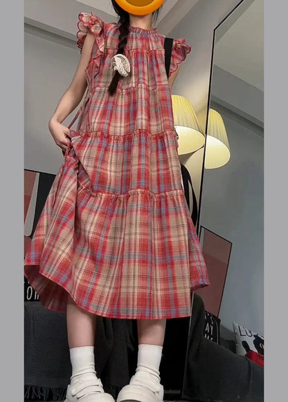 Red Ruffled Patchwork Long Dress Short Sleeve Uu1022