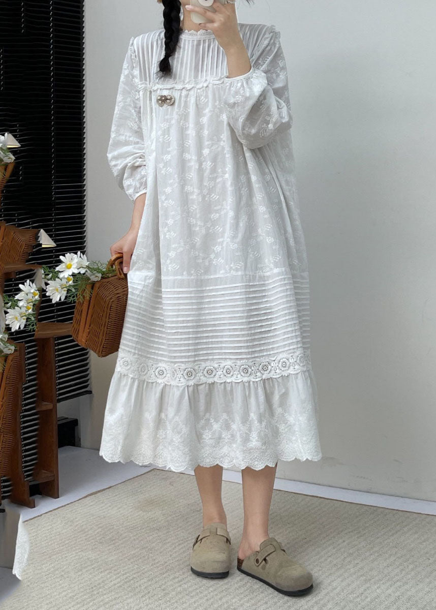 White Embroidered Ruffled Patchwork Wrinkled Cotton Maxi Dress Long Slee Bv030