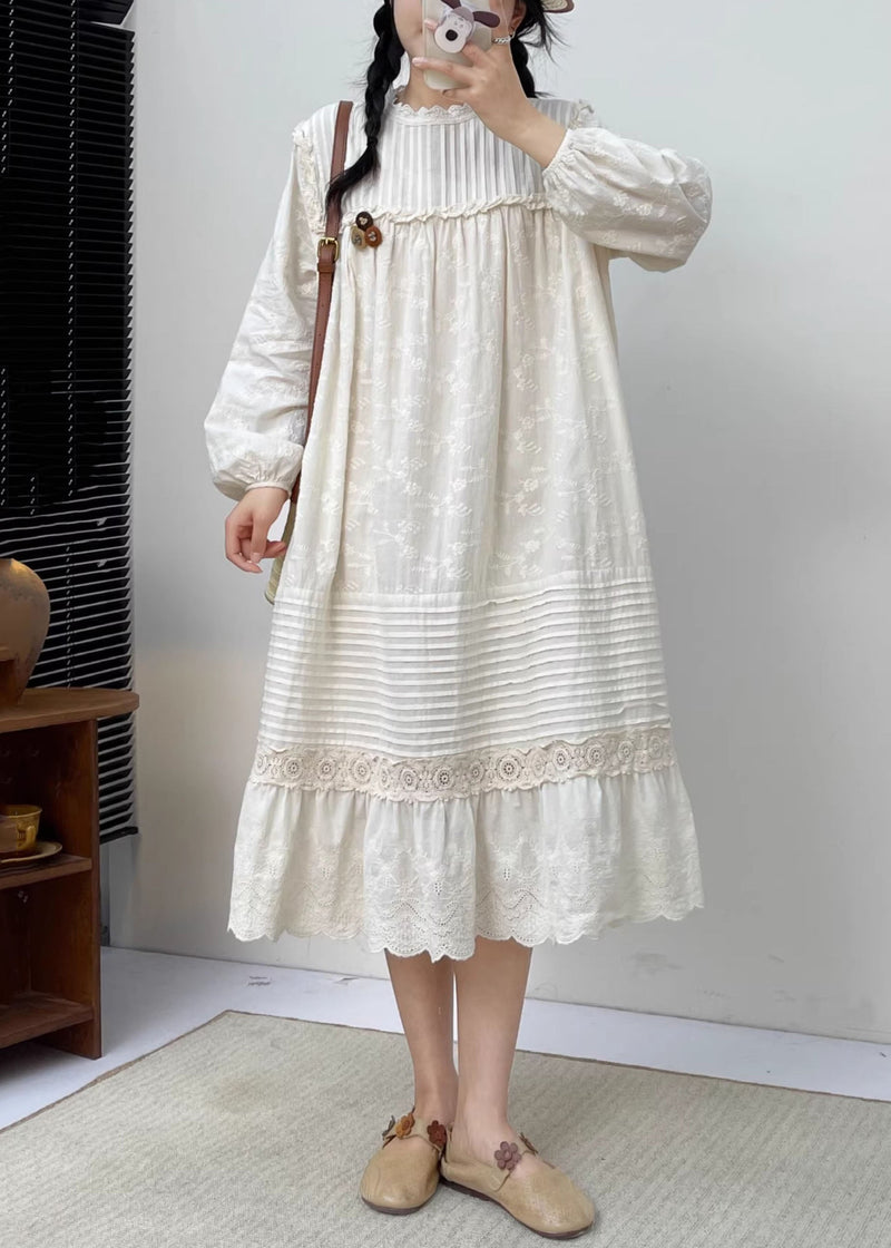 White Embroidered Ruffled Patchwork Wrinkled Cotton Maxi Dress Long Slee Bv030