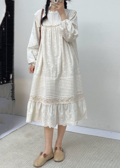 White Embroidered Ruffled Patchwork Wrinkled Cotton Maxi Dress Long Slee Bv030