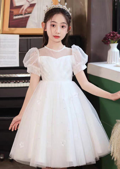 White Embroideried Patchwork Tulle Long Dresses Short Sleeve Xz027