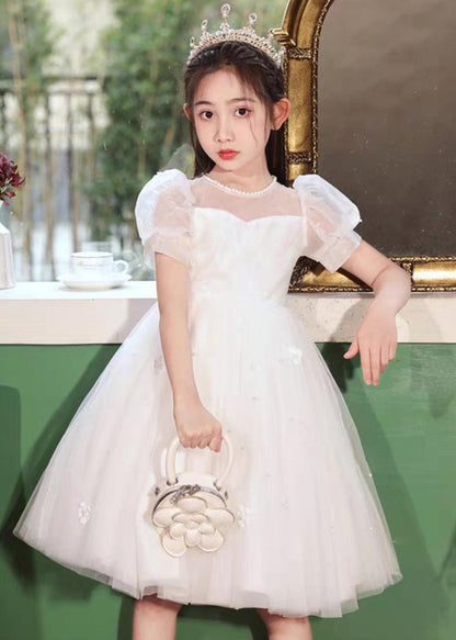 White Embroideried Patchwork Tulle Long Dresses Short Sleeve Xz027